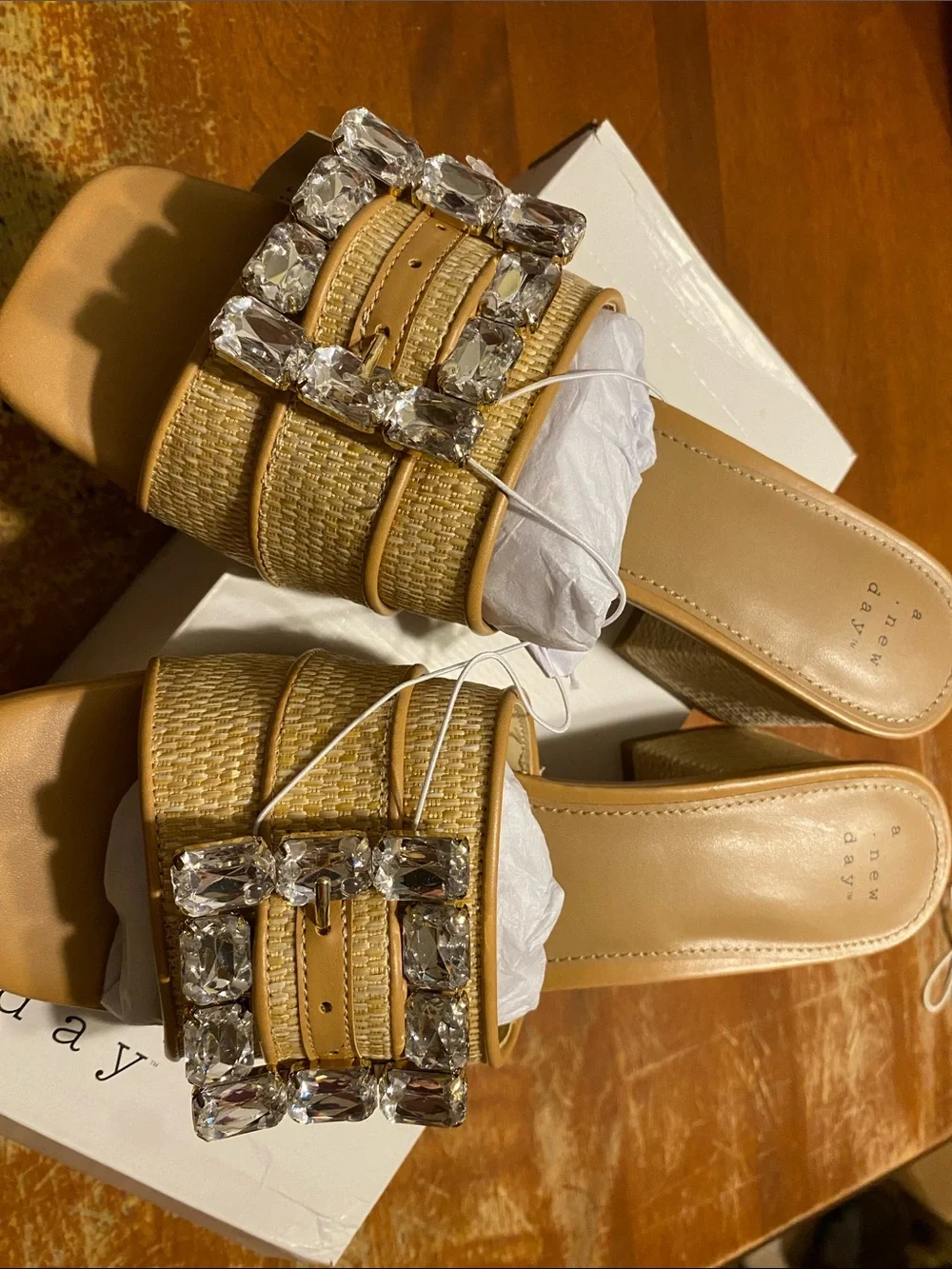 New day Tan Jeweled Buckle Block Heel Mules - Picture 3 of 4